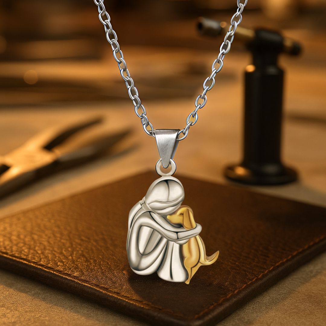 Marinette dog pendant necklace in silver and gold on a leather surface