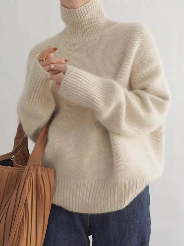 Isaboll high-neck sweater in beige, front view with folded collar