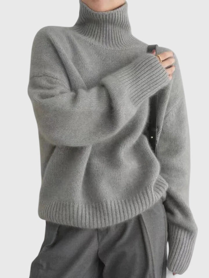 Alizandra elegant sweater in grey, front view with high folded collar
