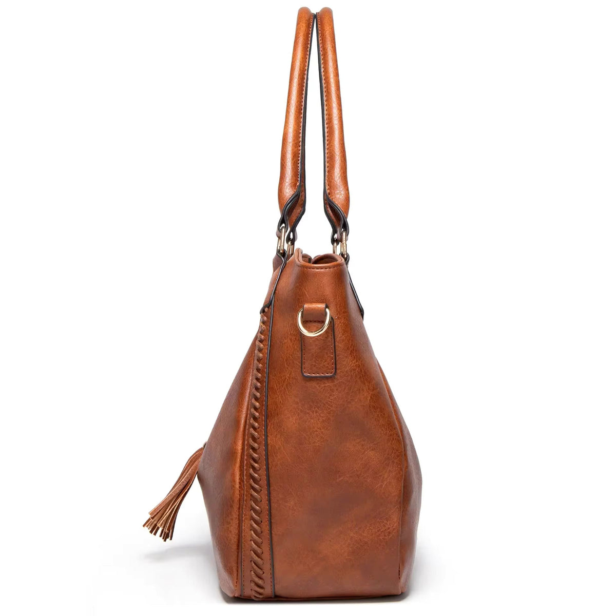 Elowen leather tote bag in brown, side profile view