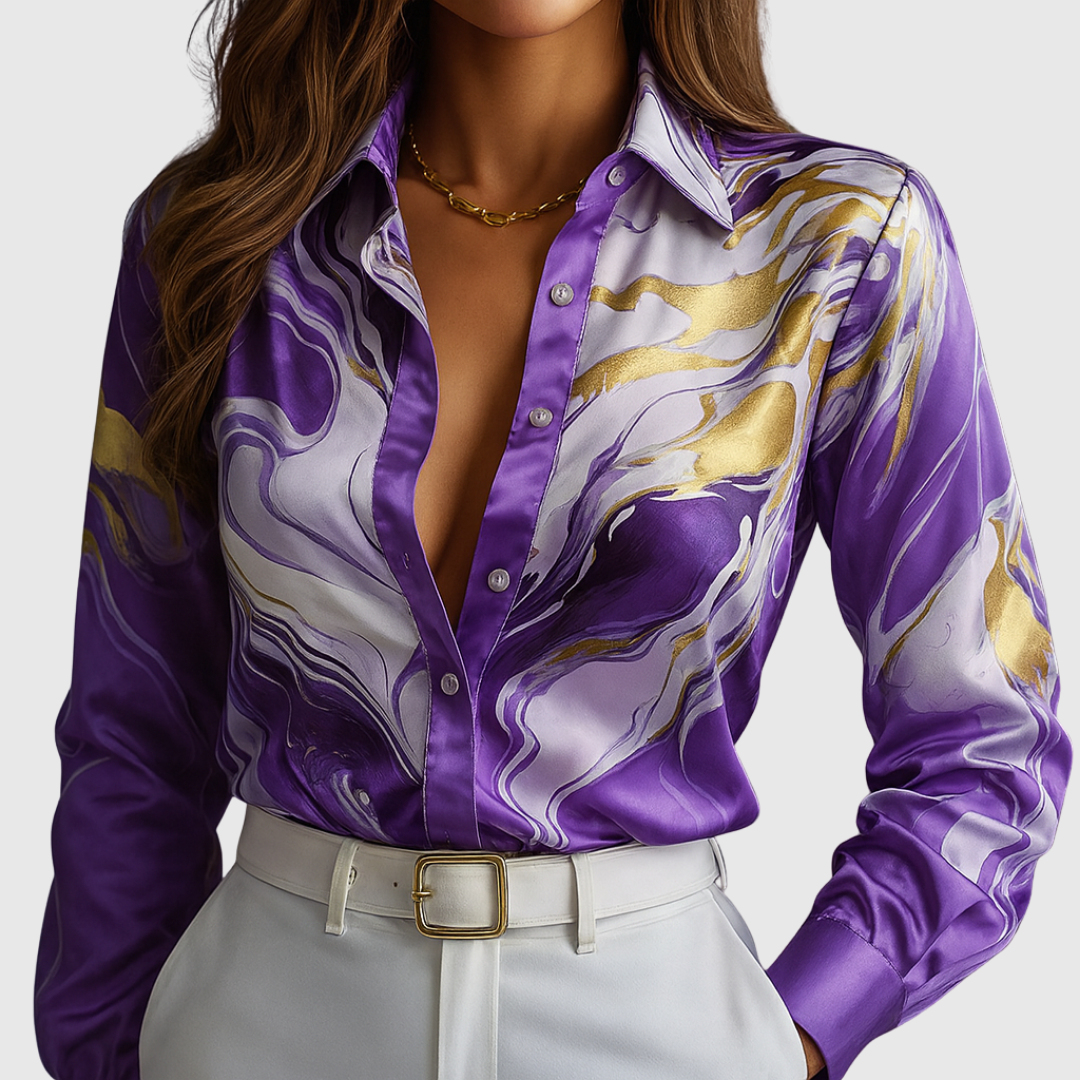 Corinna satin flow shirt in purple marble print, front view with belt