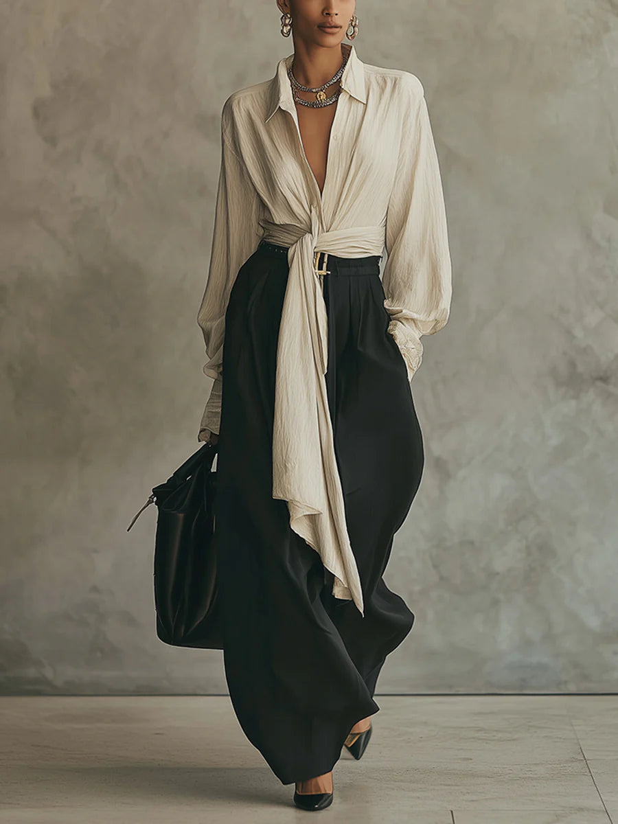 Samantha lace-up shirt and trousers set in beige and black, full-length front view