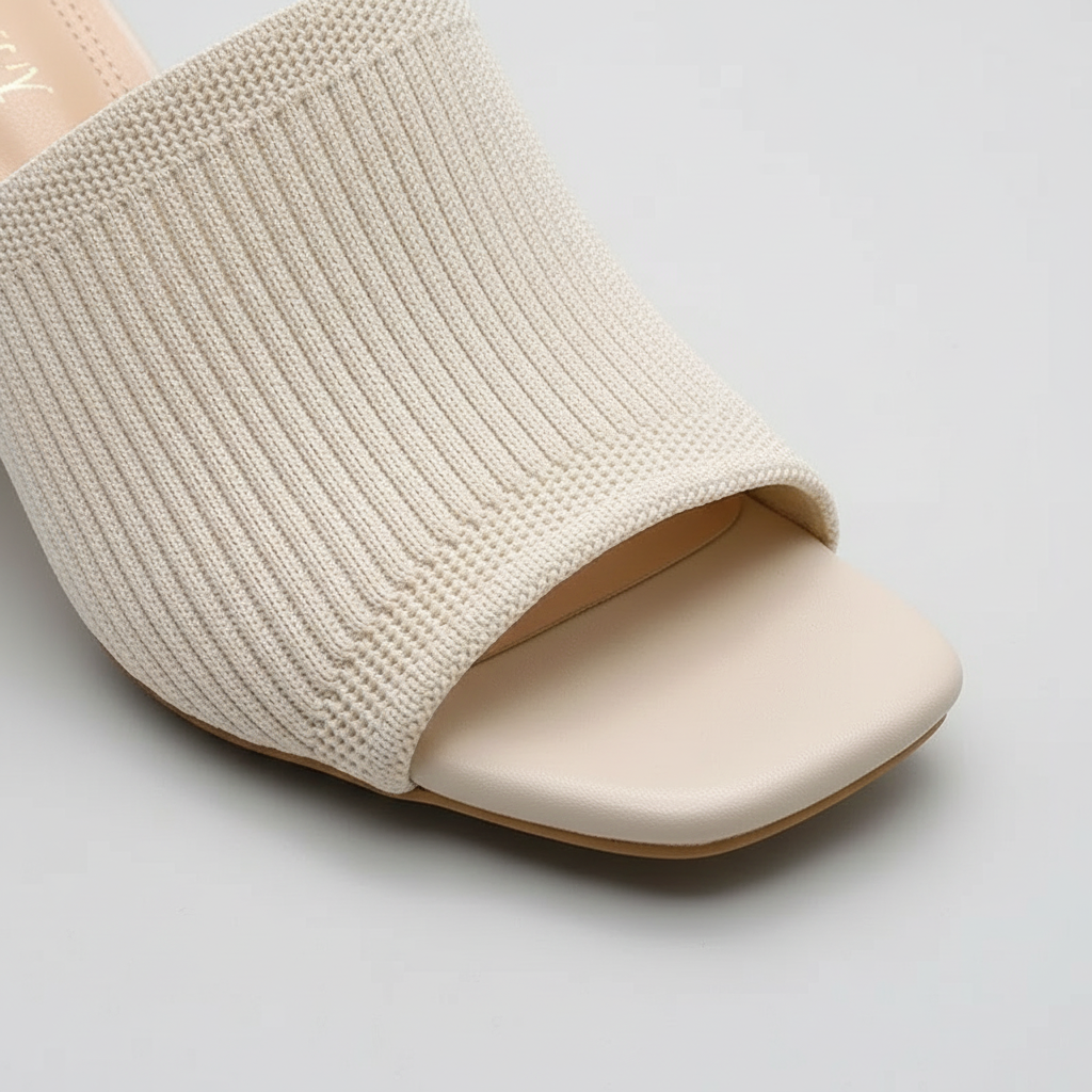 Helena block heel sandals in cream, close-up of knit upper and square toe