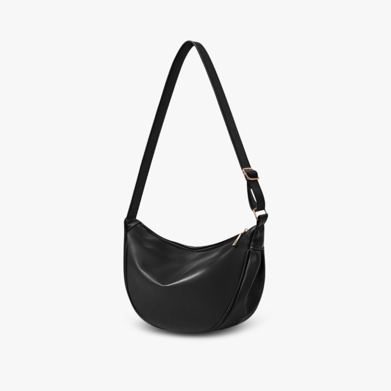 Maribel petite crescent bag in black, front view with adjustable strap