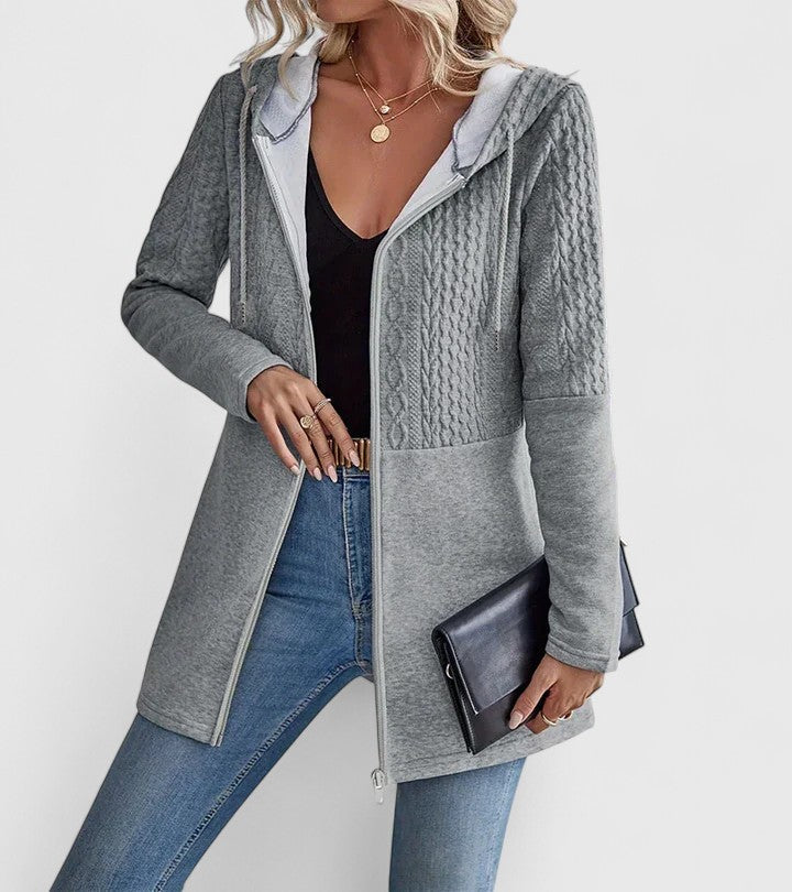 Iolanthe longline hooded jacket in grey, front view with zip open