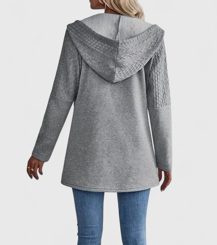 Iolanthe longline hooded jacket in grey, back view showing hood