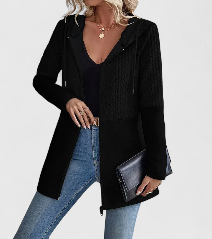 Iolanthe longline hooded jacket in black, full-length front view