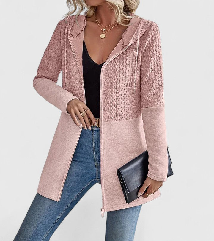 Iolanthe longline hooded jacket in pink, full-length front view