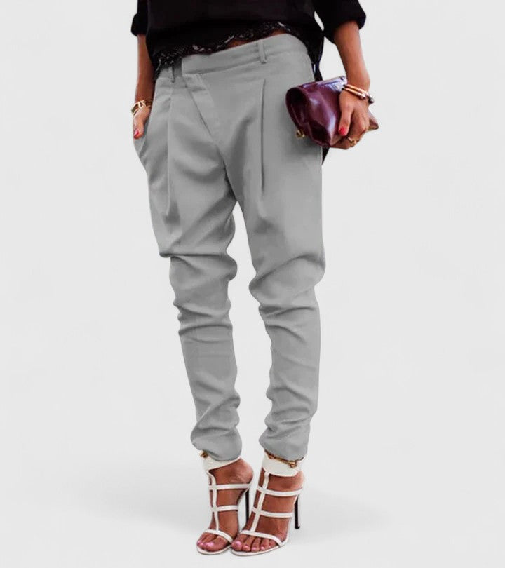 Marceline elegant tapered trousers in grey, front view with strappy heels