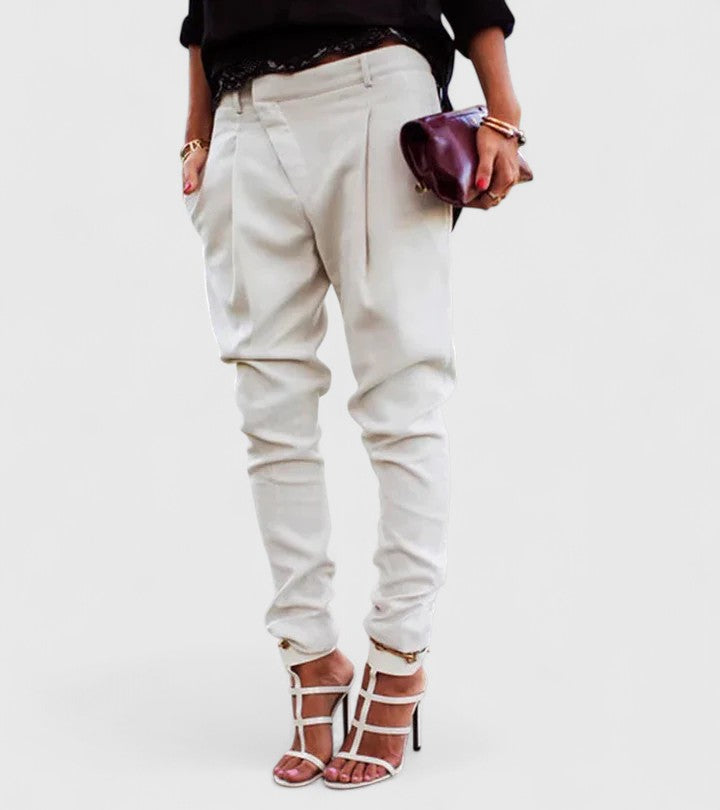 Marceline elegant tapered trousers in cream, front view with heeled sandals