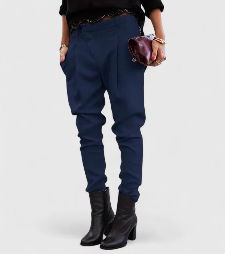 Marceline elegant tapered trousers in navy, front view with ankle boots