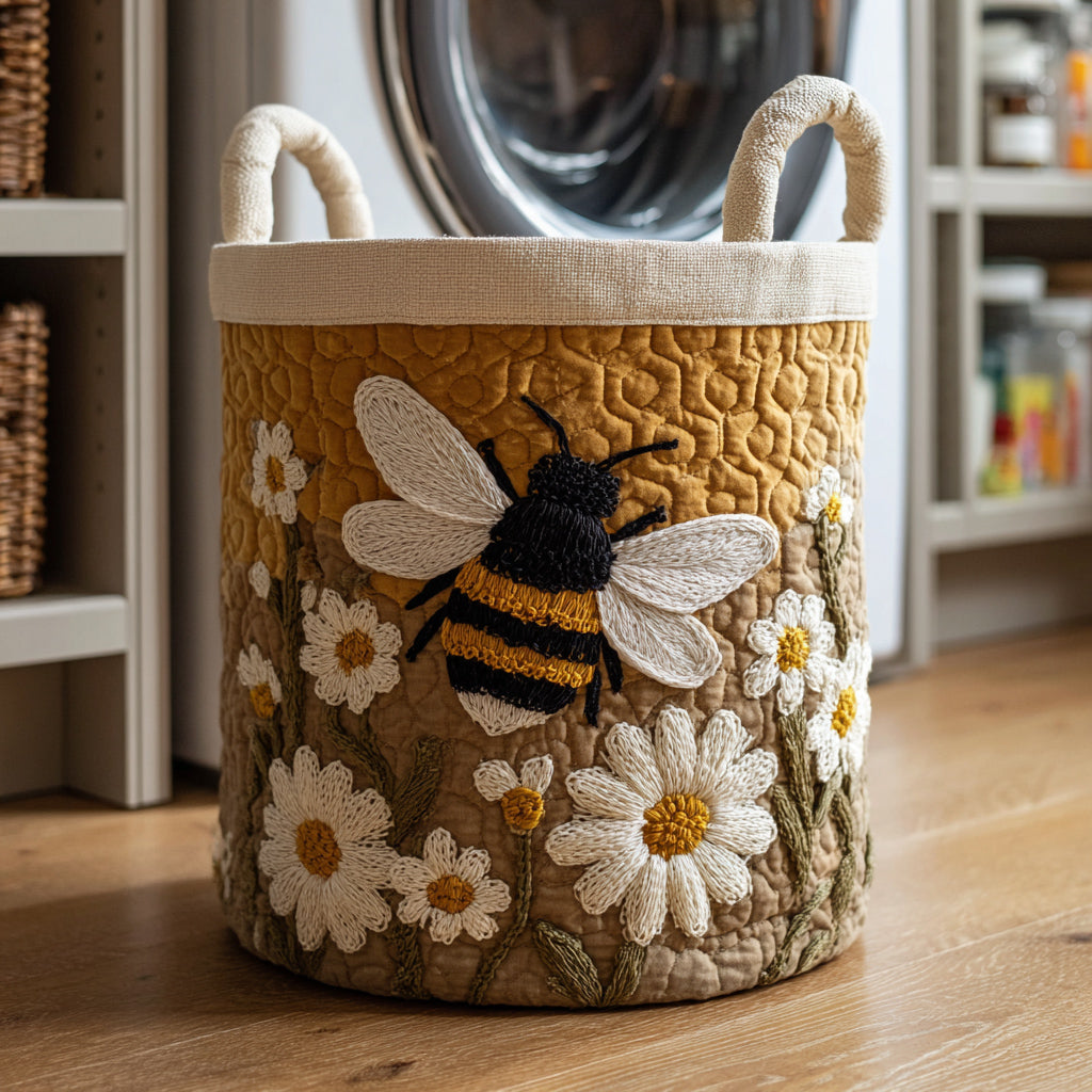 Melissa hand-quilted laundry basket with bee and daisy pattern in mustard and cream