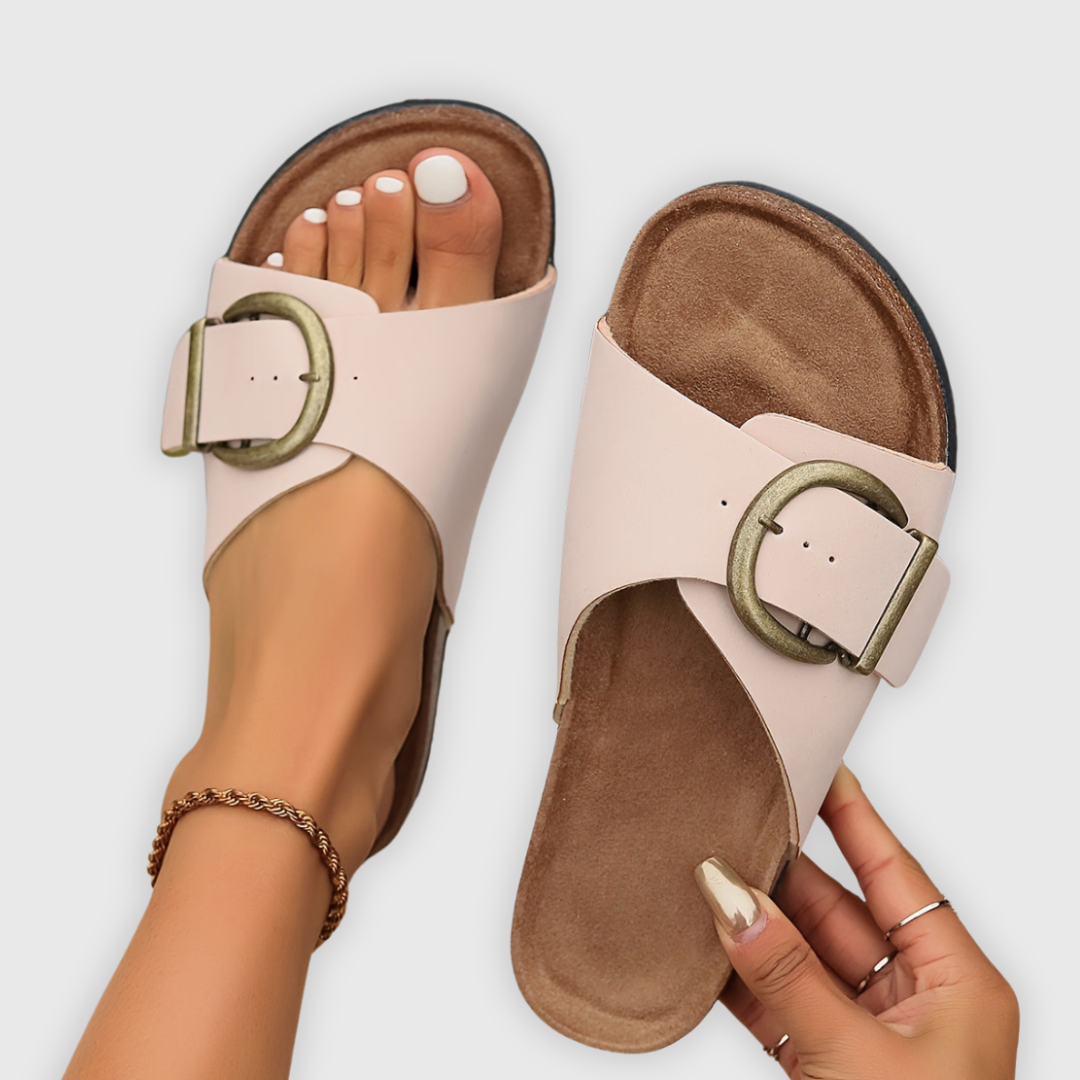 Inge orthopedic sandals in light pink, buckled strap and footbed view