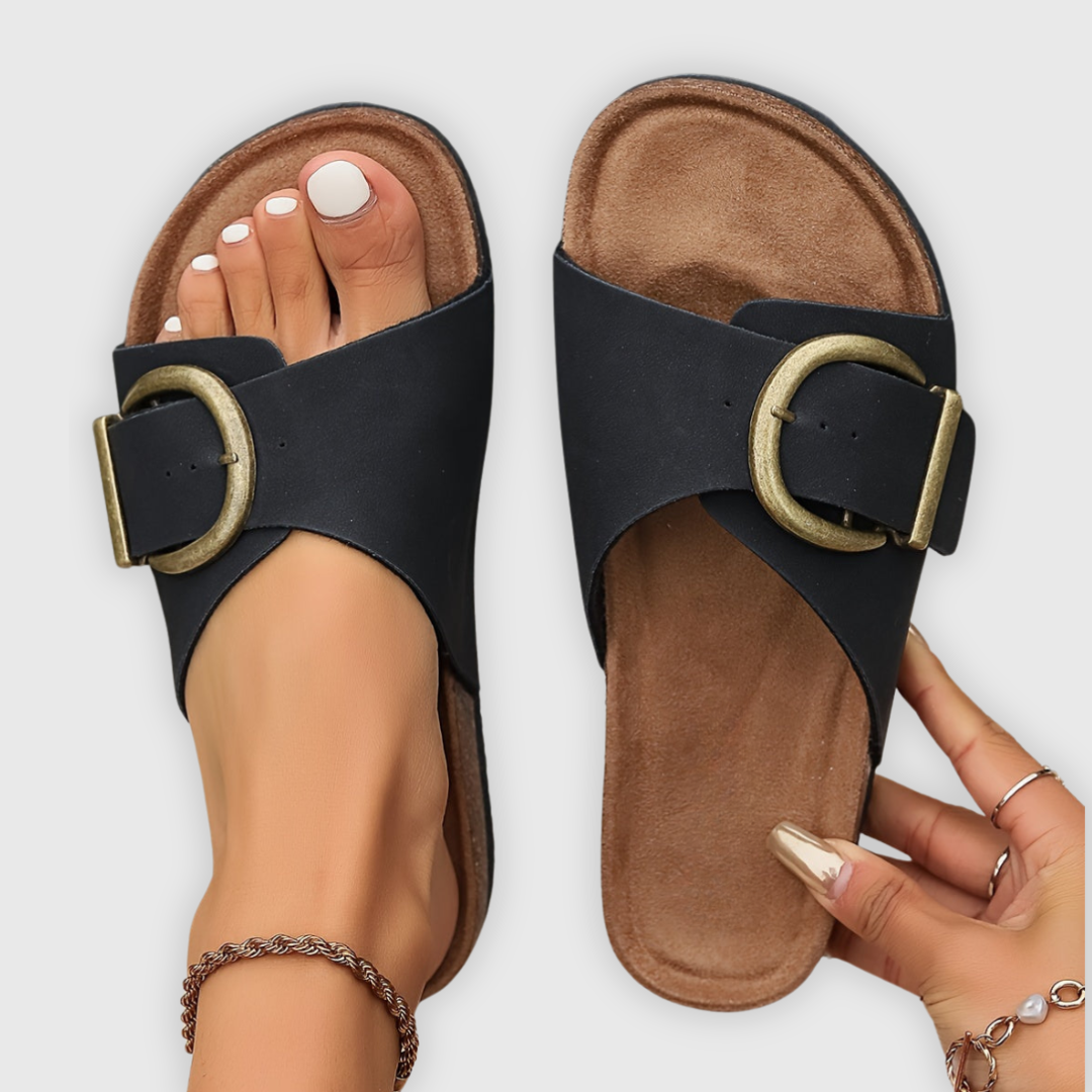 Inge orthopedic sandals in black, buckled strap close view