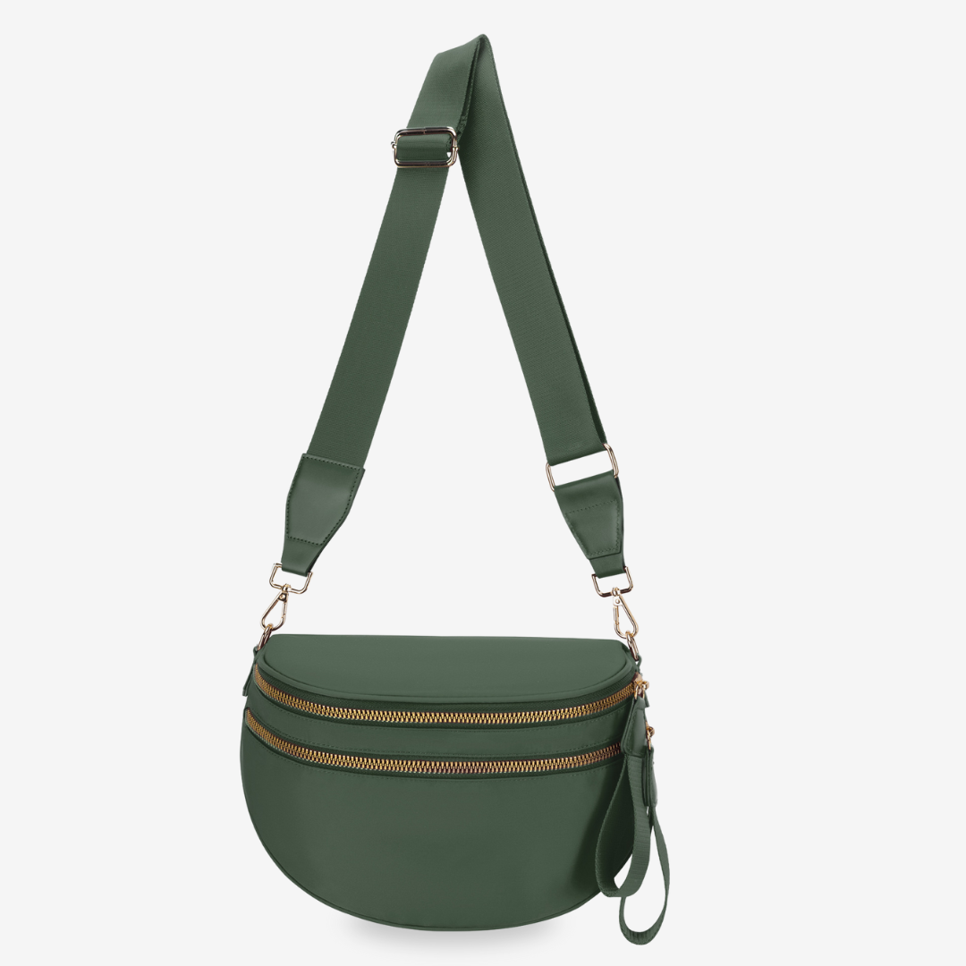 Dionne crossbody bag in green, front view with double zips