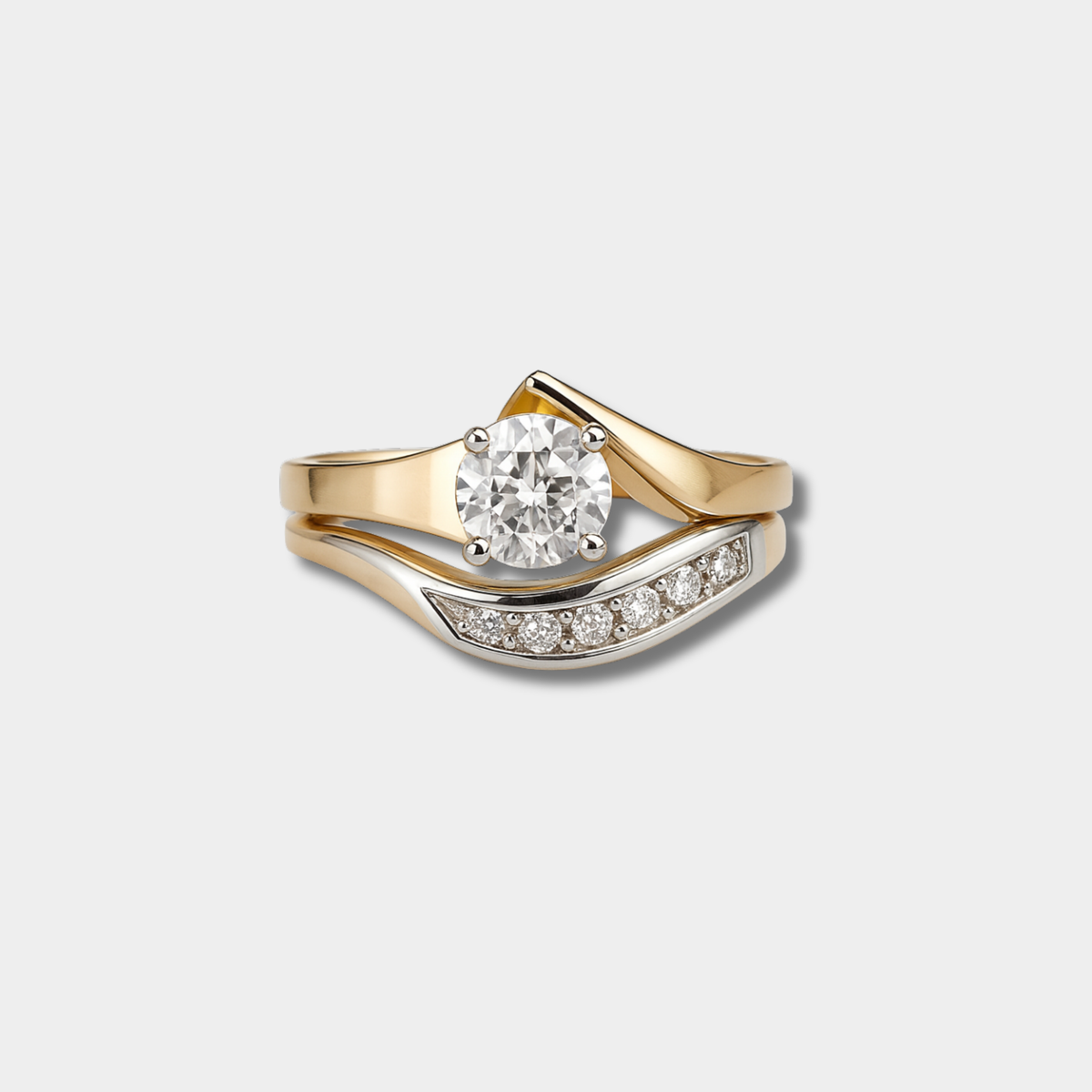 Karla vintage asymmetric ring in gold and silver with zirconia, front view