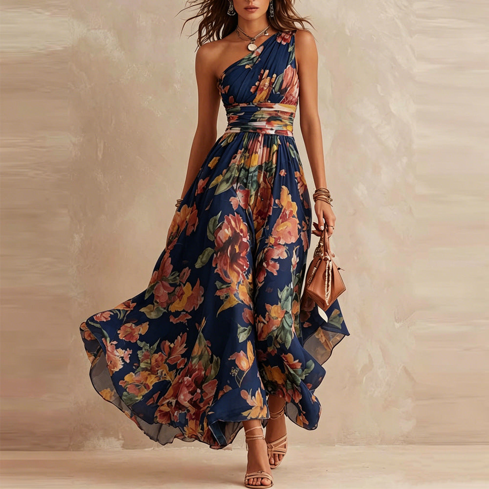 Alexandra one-shoulder floral maxi dress in navy, full-length front view