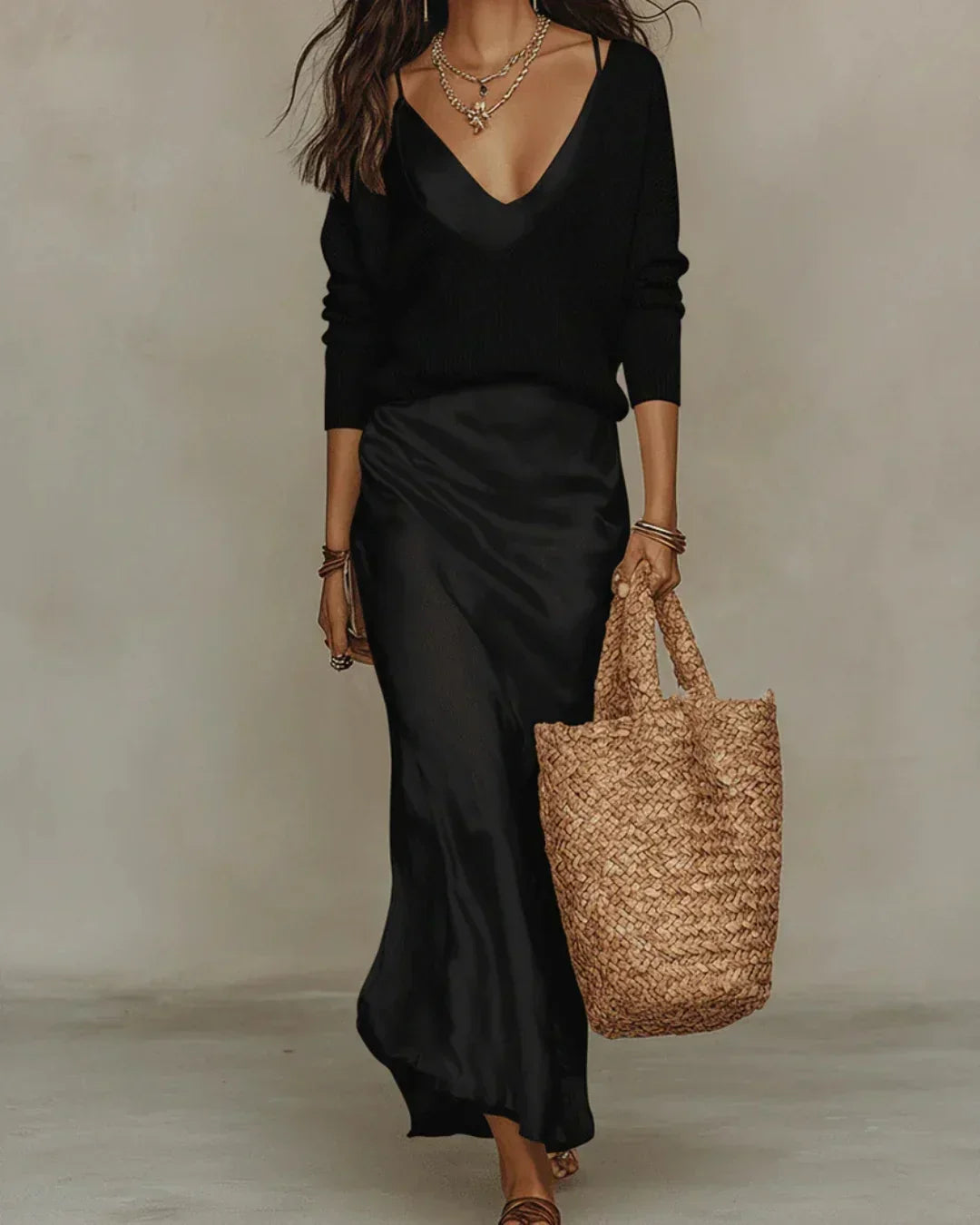 Brisa satin dress and sweater set in black, full-length front view