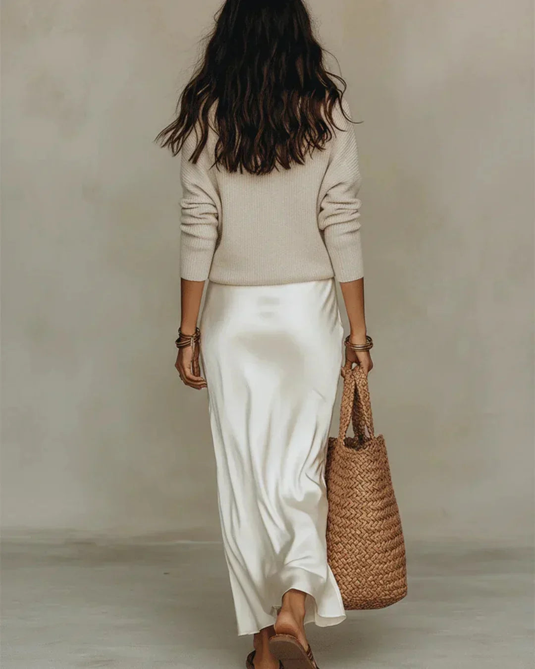 Brisa satin dress and sweater set in white, back view