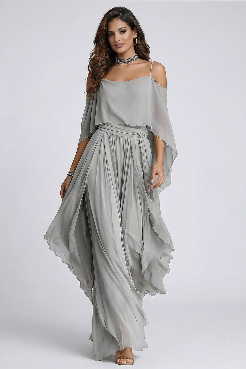 Isabela silver fluid set in silver grey, model full front view