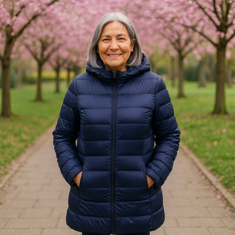 Helsa long padded jacket in navy blue, full-length front view with hood