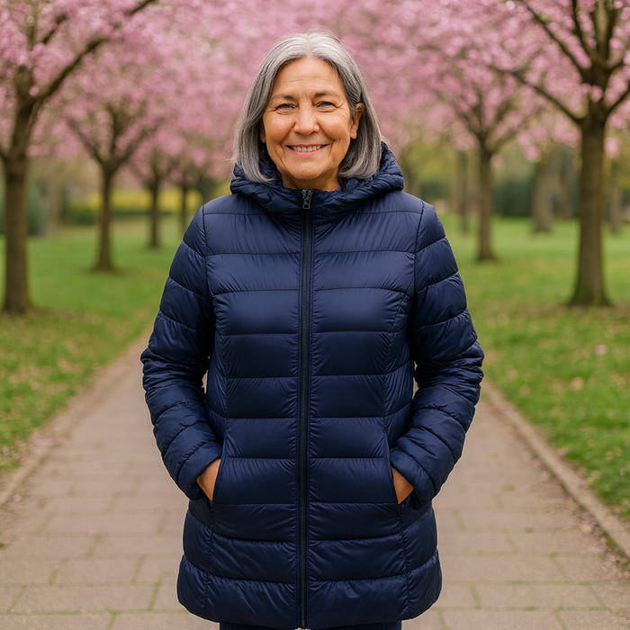 Helsa long padded jacket in navy blue, full-length front view with hood