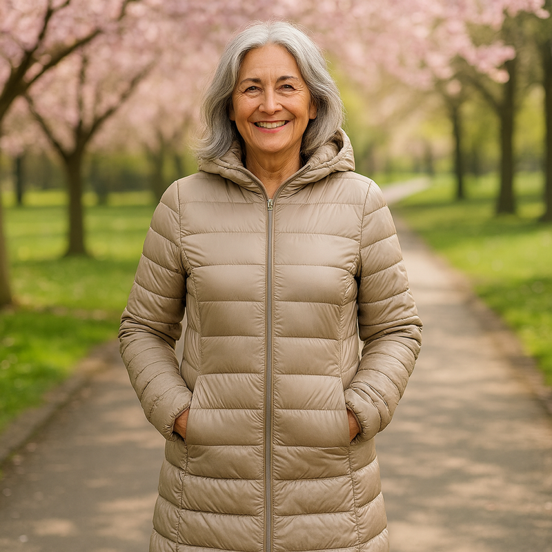 Helsa long padded jacket in champagne, full-length front view