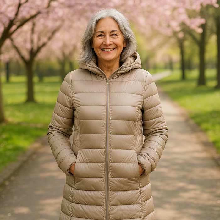 Helsa long padded jacket in champagne, full-length front view