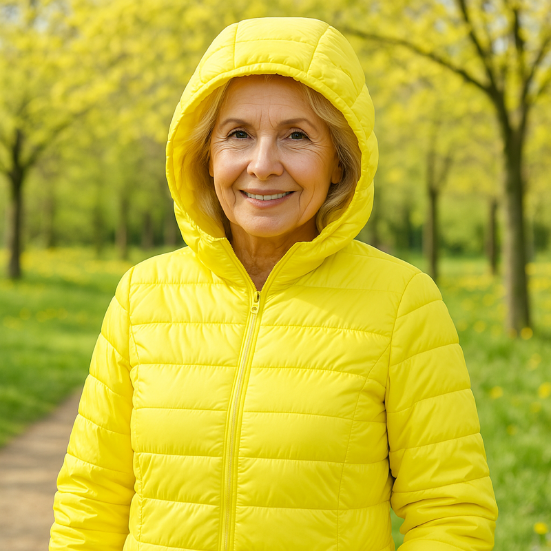 Metta transitional padded jacket in yellow, hood up front view