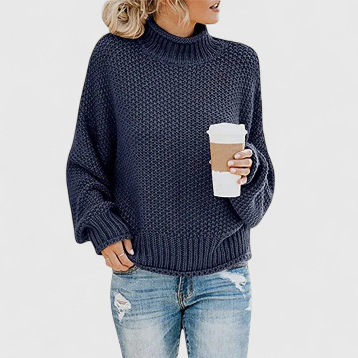 Emoryanne chunky knit turtleneck sweater in navy blue, front view