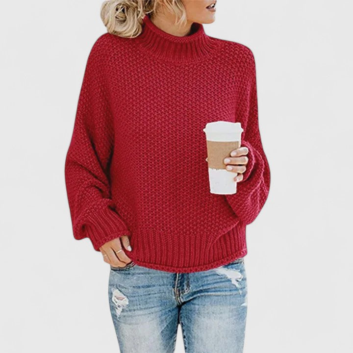 Emoryanne chunky knit turtleneck sweater in red, front view