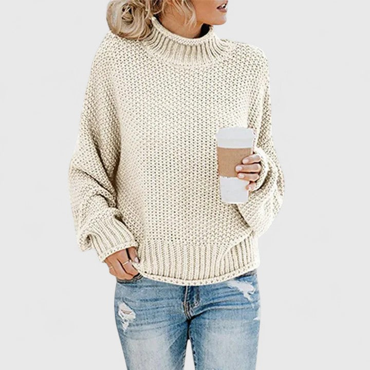 Emoryanne chunky knit turtleneck sweater in beige, front view
