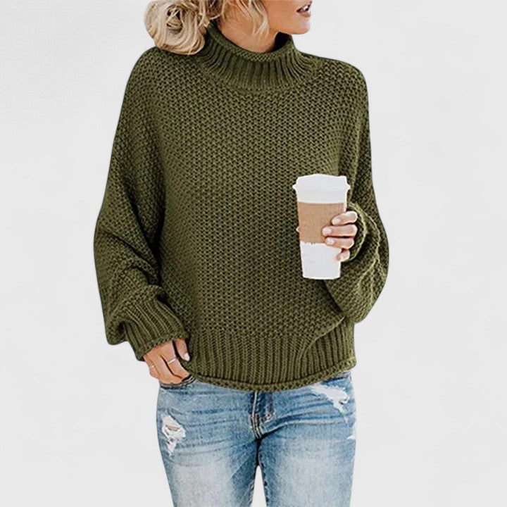Emoryanne chunky knit turtleneck sweater in army green, front view