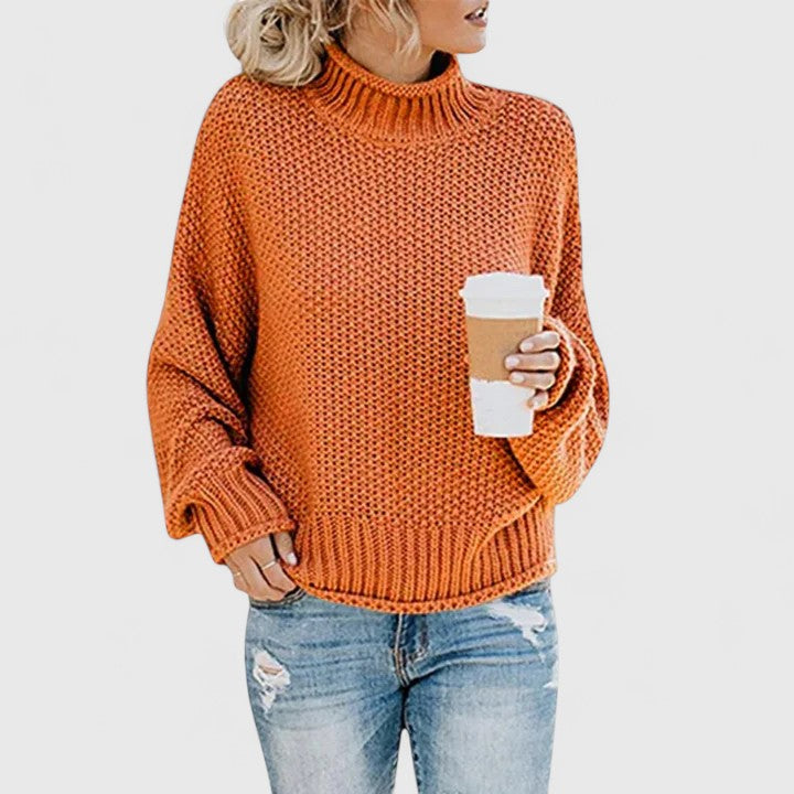 Emoryanne chunky knit turtleneck sweater in orange, front view