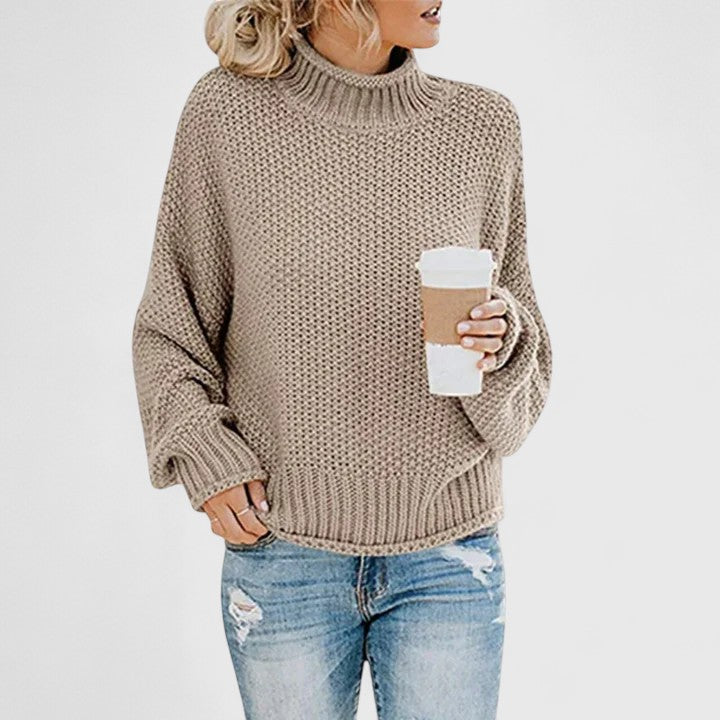 Emoryanne chunky knit turtleneck sweater in taupe beige, front view