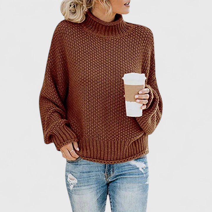 Emoryanne chunky knit turtleneck sweater in brown, front view