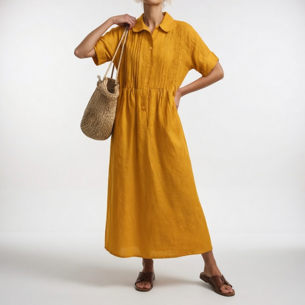 Lysandra long shirt dress in earth yellow, full-length front view