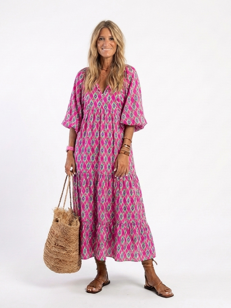 Apolline patterned midi dress in purple, full-length front view