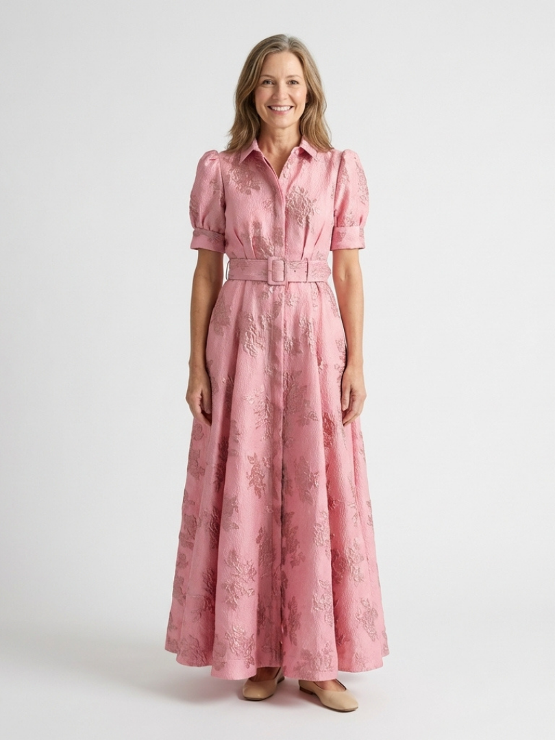 Xanthea belted floral maxi shirt dress in pink, full-length front view