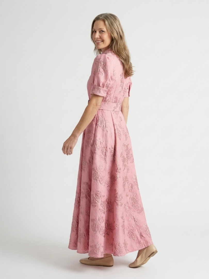 Xanthea pink maxi shirt dress, side view showing flared skirt