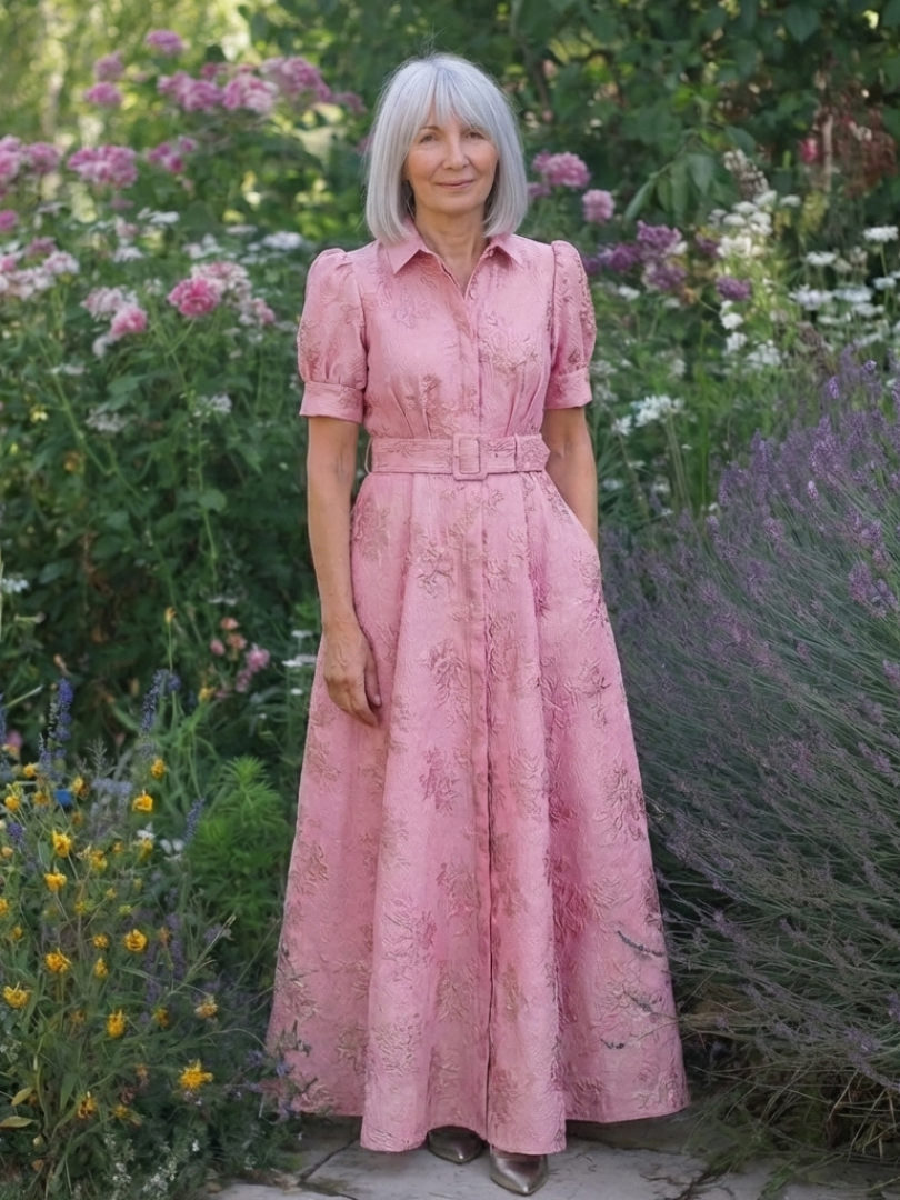 Xanthea pink floral maxi shirt dress worn in a summer flower garden