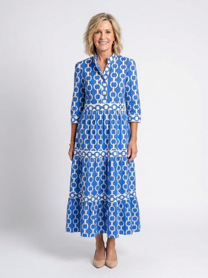 Ysolde chain pattern midi dress in blue and white, full-length front view