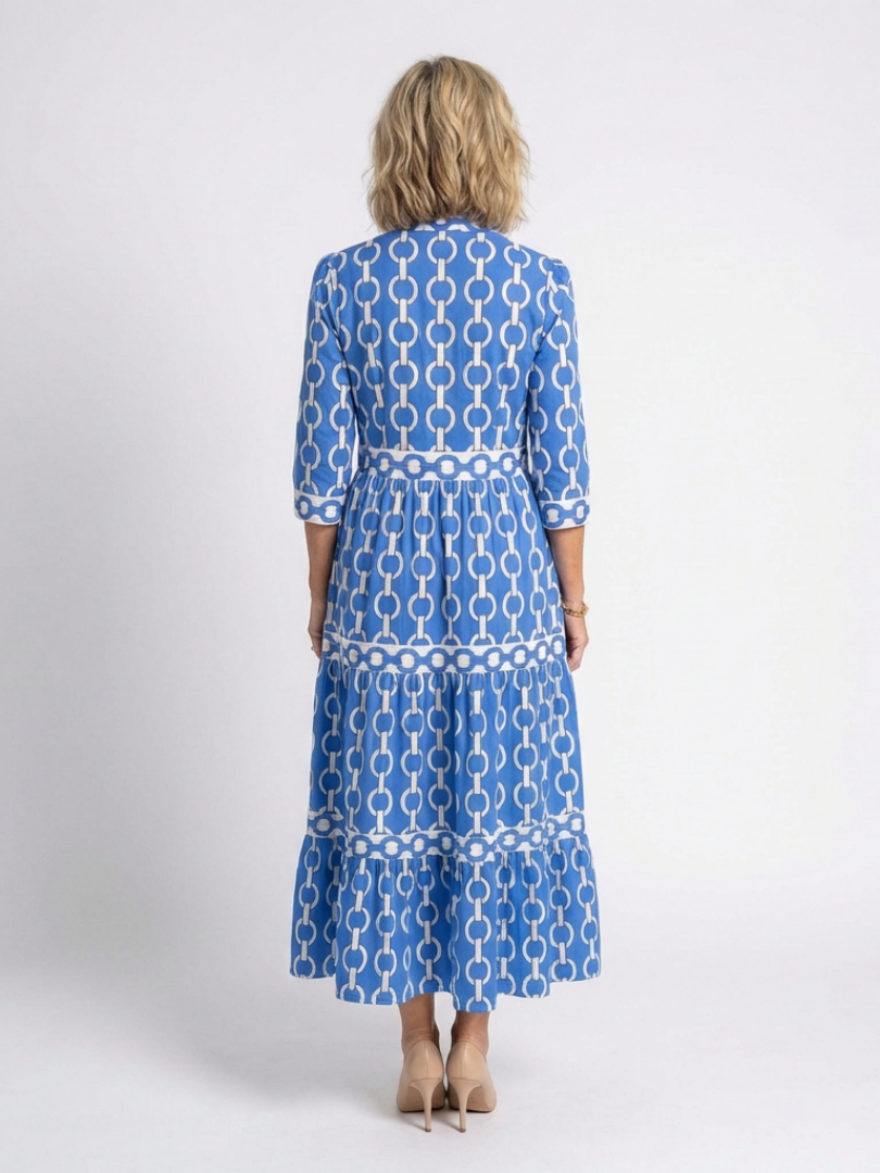 Ysolde chain pattern midi dress in blue, back view