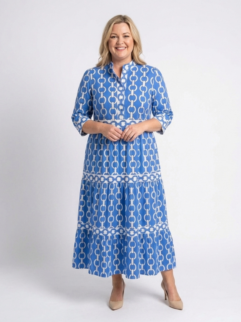 Ysolde chain pattern midi dress in blue, front view on curve model