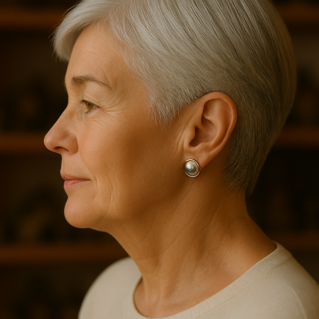 Pearl stud earring worn on the ear, side profile view