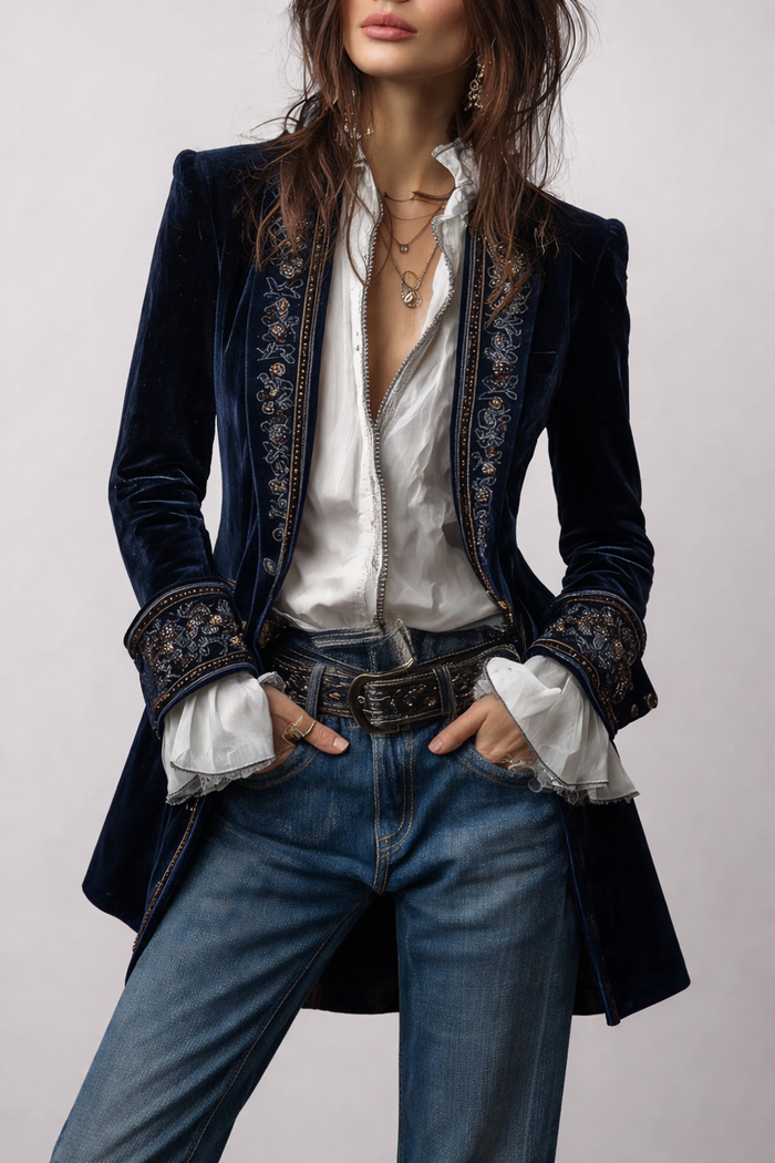 Erica long embroidered velvet jacket in navy blue, front view with white shirt and denim