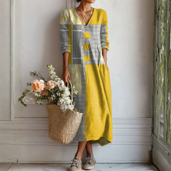 Emma easygoing midi dress in yellow and grey abstract print, full-length front view