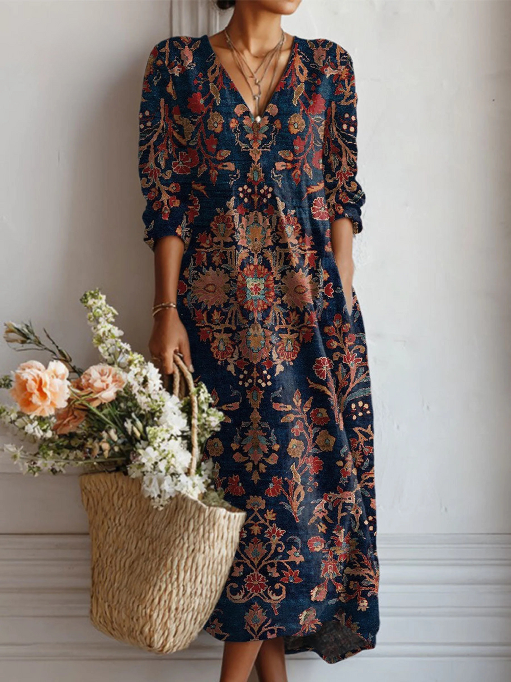 Alessia everyday comfort dress in navy floral print, full-length front view