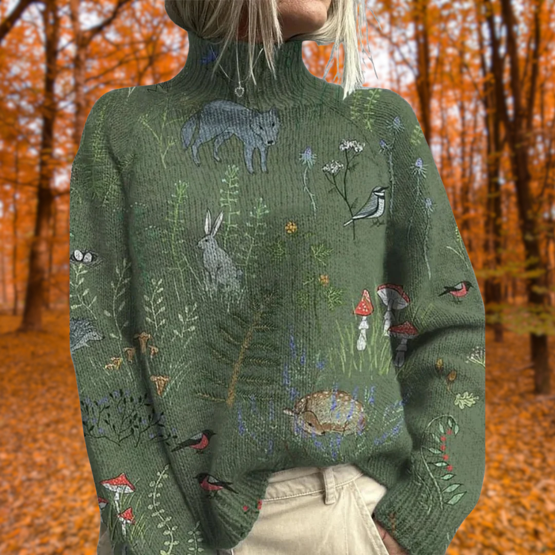 Eris turtleneck sweater in green with woodland animal print, front view