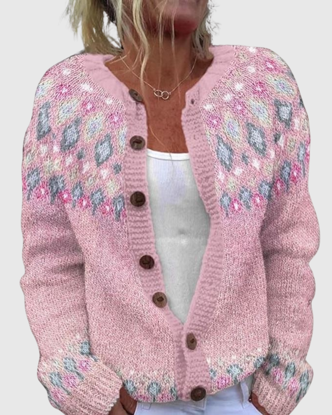 Odeline cardigan in pink with patterned knit yoke and wooden buttons, front view